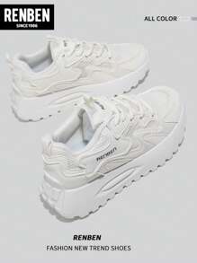 RENBEN New INS Korean Style Women's Chunky Sneakers, Student Running Athletic Thick Sole Casual Streetwear Lace-Up Solid Color - Beige - View 1