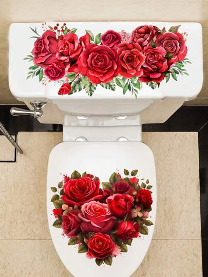 1pc Romantic Red Rose Flowers Toilet Stickers PVC Self-Adhesive Bathroom Toilet Lid Stickers Red Heart Rose Flower Toilet Cover Decor Decals Removable Waterproof Bathroom Decor For Toilet Tank Sticker Restroom Wall Art Murals Vinyl Decal For Home Decorations, Spring Decoration Items Refresh Your Home 5.91*11.81in/11.4*11.4in Bath Rug Floor Carpet Fall Decor Bathroom Accessories