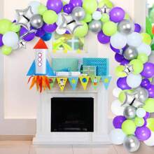 Set de 123 piezas/50 piezas de arco de guirnalda de globos Buzz con globos de látex morados, verdes y plateados de 10" y 5", y globos de lámina de cohete y estrella, perfecto para decoraciones de fiesta de cumpleaños con tema de inspiración