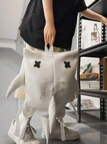 1pc Black/White/Gray Nylon Creative Cartoon Shark Design Men's Mini Backpack, Shoulder Bag, Messenger Bag, College Student Bookbag, Cute, Fashionable, Personalized, Funny Crossbody Bag, Ins Style, Casual Street, Travel Bag, Compact, Lightweight, Can Hold Phone, Books, Water Bottle, Wallet, Adjustable Strap, Multiple Carrying Ways - View 4