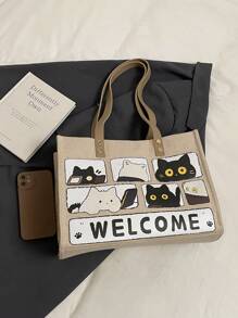 Cartoon Print Large Capacity Canvas Tote Bag,Women's Handbag,Shoulder Bag,Casual Commuting And School Bag,Spring/Summer 2025 New Arrivals