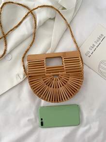 1pc Fashionable Unique Niche Asymmetrical Shaped Bag, Bamboo Woven Bag, Mini Beach Bag, Hollow Design, Interesting Gift, Personalized Strap, Asymmetrical Handheld, Daily Use, Beach Holiday, Shoulder Bag Crossbody, Beaded Long Strap, Women Handbag - Khaki - View 7