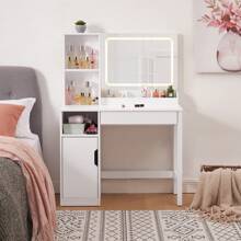 Get Ready With Me GRWM Vanity Table With Lighted Mirror And Storage, White Finish Bathroom Decor Summer Makeup Organizer Back To School - 1 - View 1