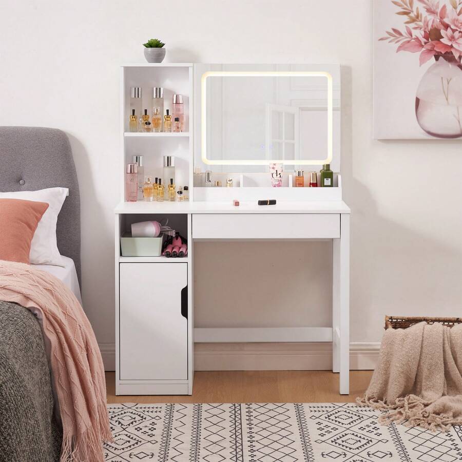 Get Ready With Me GRWM Vanity Table With Lighted Mirror And Storage, White Finish Bathroom Decor Summer Makeup Organizer Back To School - 1 - View 1