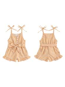 Little Girls Summer Cami Jumpsuit Sleeveless Button Up Ruffle Trim Plaid Overalls With Belt - Yellow - View 4
