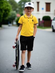2 bucăți/Set Tricou polo cu mânecă scurtă și pantaloni scurți de culoare solidă pentru școală, spectacole, activități de grup