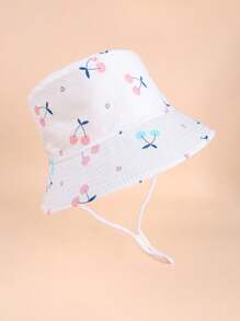 1pc Girls' Bucket Hat, Cartoon Cherry Print, Toddler Baby Sun Hat Suitable For Daily Outdoor Activities, Beach, Sun Ion - White - View 6