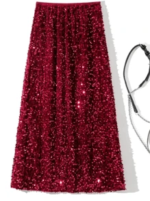 Mermaid Midi Skirt Sequin Velvet Lining High - Burgundy - View 4