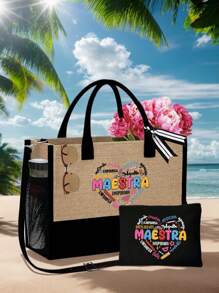 Maestra Theme Handbag And Cosmetic Bag Set, Includes 1 Linen Tote Bag And 1 Zipper Cosmetic Bag, With Scarf And Shoulder Strap, Can Be Used As Handbag, Shoulder Bag, Large Capacity Linen Shopping Bag, Heart Pattern And Pencil Case - Multicolor - View 8