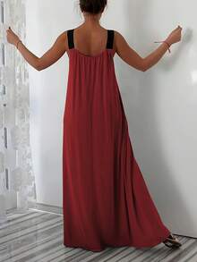 大码撞色肩带宽松休闲连衣裙，带口袋 - 酒紅色 - 查看 2