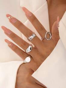 imoli 3 件/4 件/6 件/8 件/10 件时尚简约合金圆形星形几何褶皱拱形粗珠宝指节戒指套装女士派对礼物