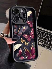 1pc Butterfly Painted High-End Textured Anti-Fall Protective Phone Case With Detachable Silicone Black Wrist Strap - Multicolor - View 7
