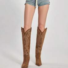 Womens Cowboy Knee High Boots Cowgirl Boots Western Boots With Embroidered Pointed Toe Chunky Heel Slip On Retro Tall Boots