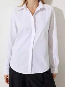 Women's Solid Color Long Sleeve Single-Breasted Blouse, Suitable For Work Commute - White - View 2