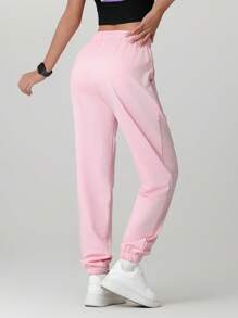 1pc Women's Solid Color Pocket Simple Casual Everyday Hiking Trekking Versatile Running Sports Cycling Jogging Long Pants - Pink - View 3