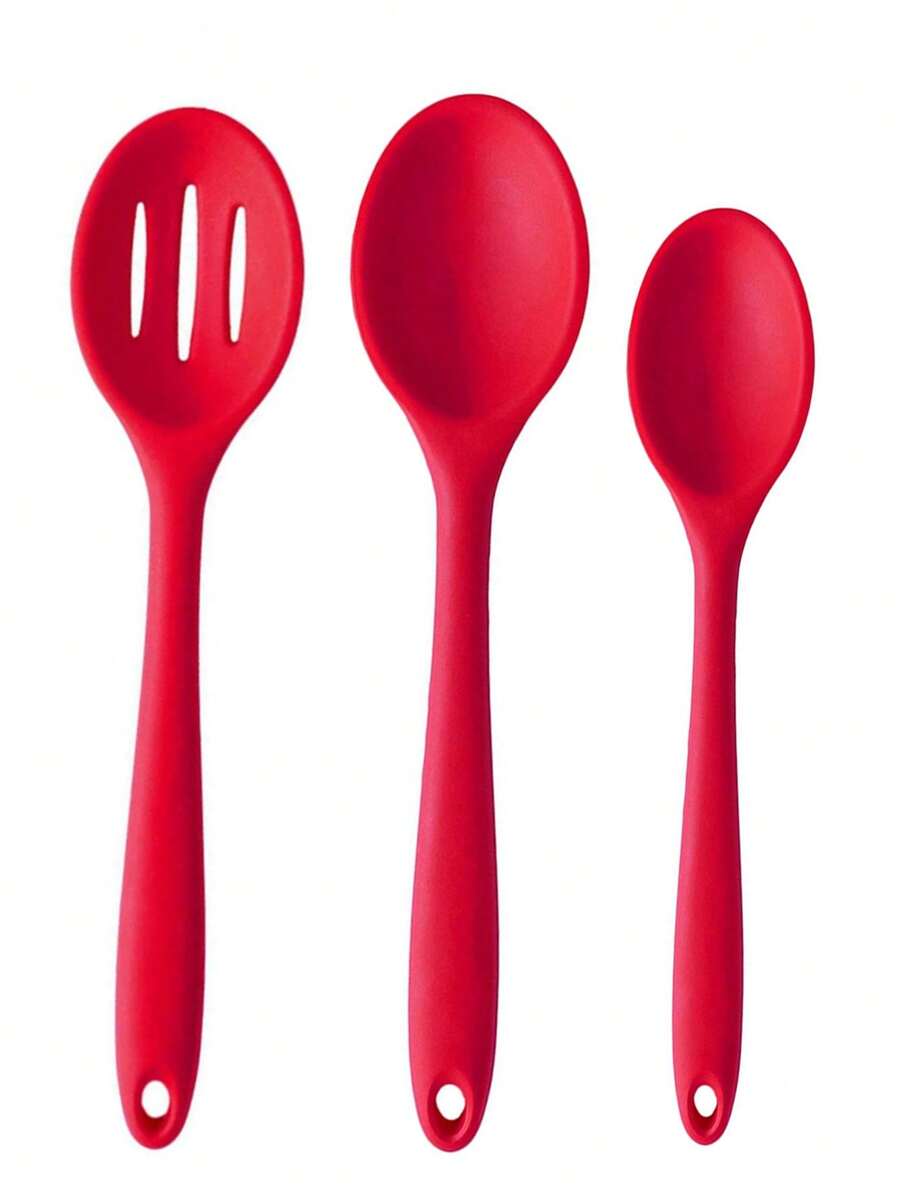 1/2/5 piezas Cucharones de cocina completos de silicona, utensilios de cocina de silicona, cucharas para sopa, cucharas para ensalada, resistentes al calor, juego de cucharas para cocinar y hornear, para cocinar, revolver, comer, coladores rojos grandes y pequeños, artículos escolares - Rojo - Ver 1