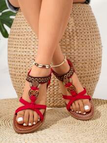 Women's Summer New Fashionable Lightweight Comfortable Handmade Woven Bohemian Style Outdoor Wearing Plus Size Wedge Sandals - Red - View 4