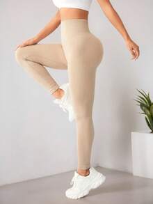 Yoga Leggings Seamless Ribbed Knitted Tummy-Control Butt Lift Breathable Quick-Drying Sports Leggings Wide Waistband Fitness Leggings - Apricot - View 4