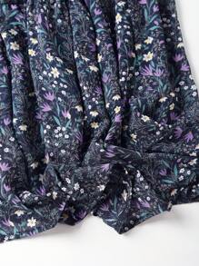 EARO 女式海军蓝碎花 A 字裙，高腰休闲宽松度假优雅设计拼布褶皱长裙，春秋 - 藍色 - 查看 6