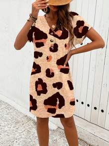 Casual Leopard Print V-Neck Button Decor Dress - Leopard - View 2