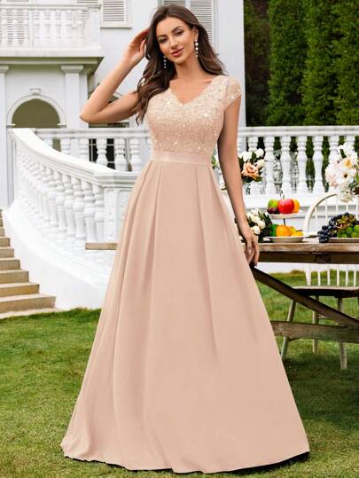MIUSOL V-Neck Sequin Lace Short Sleeve Ruffle Hem Chiffon Maxi Dress, Elegant Women's Party Gown, Formal Evening Dress, Ball Gown, Suitable For Wedding Guests, Graduation Ceremony, Gala Dinner And Other Occasions, For Valentine's Day