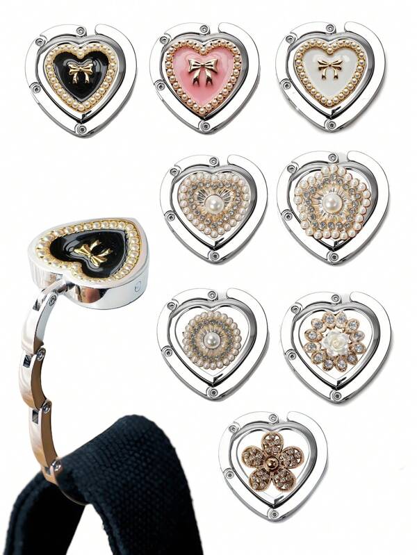 Heart-Shaped Rhinestone & Pearl Metal Folding Desktop Hanging Hooks, Purse Holder For Women