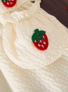 女宝宝可爱草莓贴花纯色蓬松格子休闲连衣裙 + 包包套装 - 杏色 - 查看 6