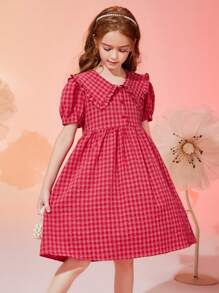 ASK JUNIOR Vestido casual de verano con mangas abullonadas a cuadros para niñas preadolescentes