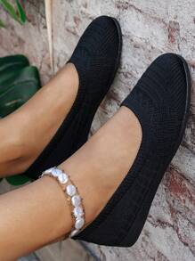 Round Toe Women Flat Shoes, Knitted Casual Ballet Flats, Breathable Summer Slip-On Loafers, Spring Comfy Versatile Flat Shoes, Bohemian Style In Black, White, Olive Green, Beige, Sky Blue, Light Blue, Khaki, Light Brown, Navy Blue, Yellow, Suitable For EU Large Size, Summer Lightweight Mesh Casual Walking Shoes, Solid Color Slouchy Shoes - Black - View 4