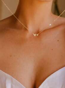 S925 纯银锆石项链 18K 镀金颈链双蝴蝶吊坠项链 适合女士和少女 - 蝴蝶項鍊 - 查看 3