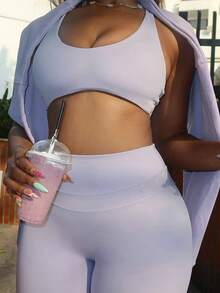 Women's Sexy Fitted Halter Top And Pants Seamless Set - Purple - View 7