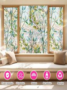 1Roll Window Privacy Film - Elegant Leaves Stain Glass Window Film For Glass Enhanced Home Privacy - Non-Adhesive Reusable Decorative For Room Leaf Rainbow Wall Art Bedroom Decor Stickers Home Decor Living Room Wall Paper Wall Stickers Party Decorations Living Room Decor Bedroom Office Decor Home Decor Items Personalised Stickers