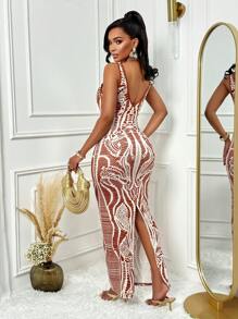 AIJ Amarilo 女士性感沙滩度假复古印花深V领无袖露背长裙，适合夏季派对，优雅迷人 - 棕色 - 查看 3