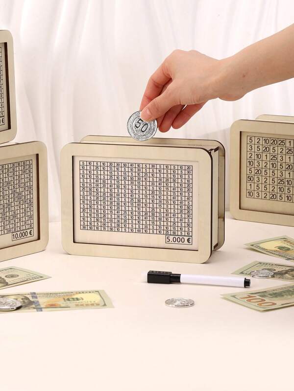 صندوق خشبي عتيق للادخار والمال (يأتي مع قلم قابل للمسح)، صندوق خشبي للتخزين المنزلي، بنك العملات المعدنية، زخارف خشبية منزلية، لوازم مدرسية، عودة إلى المدرسة