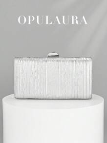 OpulAura 复古奢华手拿包，金色皮革褶皱设计时尚晚宴包，优雅正式派对钱包配链条，适合派对、婚礼和正式场合 - 銀色 - 查看 2