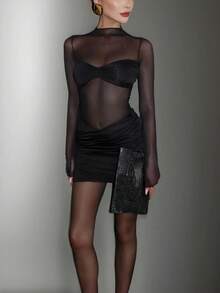 Sexy Round Neck Long Sleeve Mesh Pleated Bodycon Dress