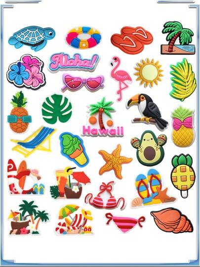 28 piezas Verano Hawaii Series Dijes DIY para cadenas de llaves de sandalias, bolsos de playa, decoraciones de zapatos - Dijes de PVC de calidad premium populares para zuecos, excelentes regalos para Navidad, cumpleaños, fiestas de verano, escuela