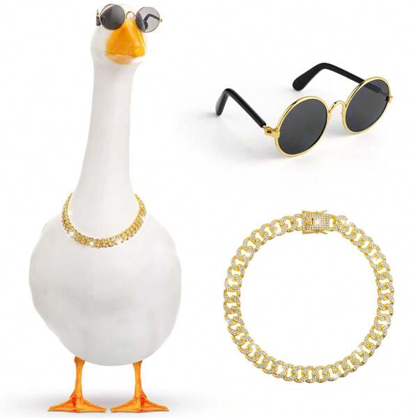 2pcs Chain Collar And Sunglasses Porch Goose Outfits For Plastic Goose 23"/ 17'' Lawn Goose Statue Sunglasses Gold Rhinestone Collar For Garden Goose Retro Pet Party Patio Yard