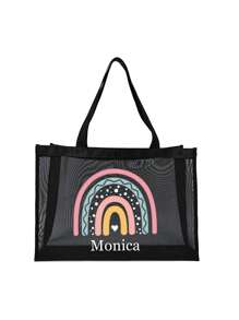 Custom Text Mesh Tote Bag,Rainbow Pattern Custom Tote Bag,Customized Beach Bags,Nylon Material Alphabet Printed Beach Mesh Tote Bag With Beach Bag,Mother's Day Gifts,Nurse Gifts,Can Be Customized To Your Unique Design,Use Tt Yourself Or Give Gifts To Others,Personalized Gifts - Black - View 5