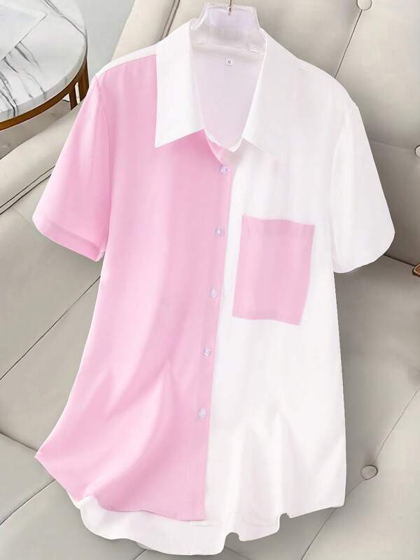 Fashion Women's Color Block Pocket Short Shirt