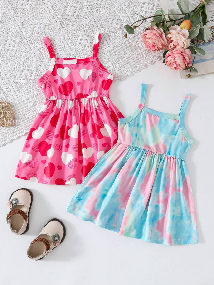 2pcs Baby Girls Cute Casual All-Over Print Elegant Spaghetti Strap Dress, Summer