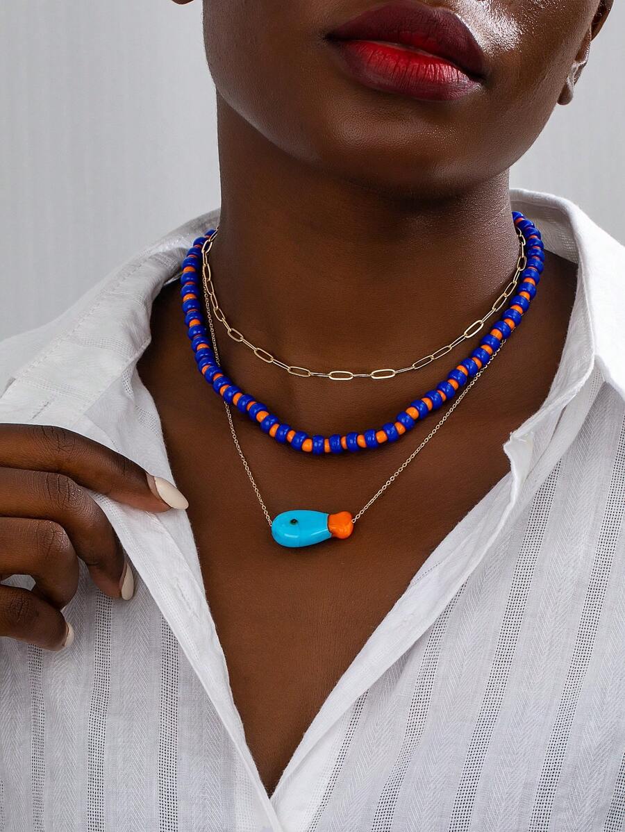 3pcs/Set Summer Boho Beaded Necklaces, Handmade Beach Style Fish Necklace, Vacation Jewelry For Women, Beachy Accessories - Multicolor - View 1
