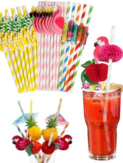 20 piezas Pajitas de papel con diseño de flamenco y frutas, agitadores de café y cócteles, pajitas desechables, decoración tropical hawaiana para fiestas de verano en la playa y la piscina