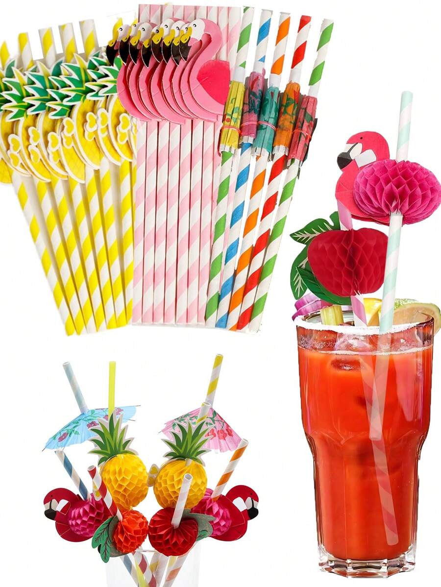 20pcs Flamingo Fruit Paper Straws, Coffee And Cocktail Stirrers, Disposable Straws, Tropical Hawaiian Beach Summer Pool Party Decor - Multicolor - View 1