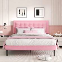 THE Queen Size Bed Frame With Headboard, Platform Bed Frame With Velvet Upholstered Button Tufted Headboard, Wood Slats Support, No Box Spring Needed, Mattress Foundation, Easy Assembly, Pink