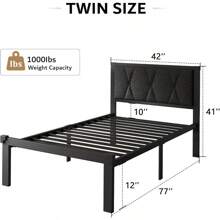 Estructura de cama individual de metal con cabecero acolchado y capitoneado, con 12" de espacio de almacenamiento debajo de la cama, sin necesidad de caja de resorte, sin ruido, fácil de ensamblar, color gris oscuro