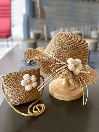 1pc Girls' Summer Straw Sun Hat, Large Brimmed Princess Sun Ion Beach Hat