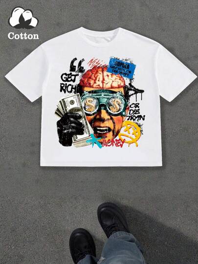 NEON DUSK 男士白色棉混纺人像字母印花宽松圆领短袖露脐T恤，休闲街头风