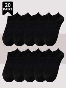 20 双，男女通用，简约黑/白中筒袜，舒适透气吸汗低帮袜，春夏短袜，黑白纯色夏季薄袜，四季百搭船袜，适合日常使用