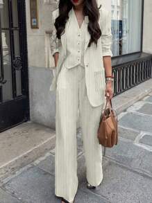 女士休闲/工作条纹夹克、裤子和背心三件套西装套装，春夏 - 米色 - 查看 2